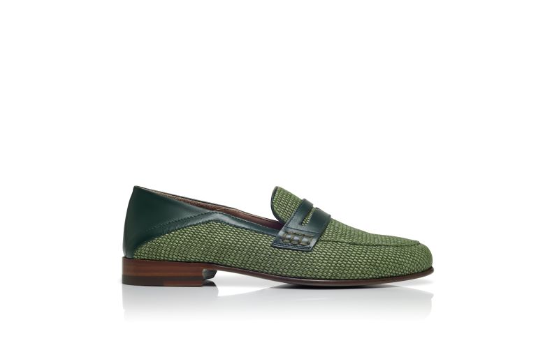 Side view of Padstow, Dark Green Raffia Penny Loafers - US$448.00