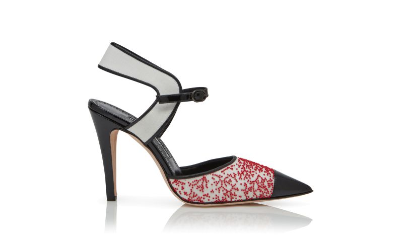 Side view of Dodekanisa, Black and Cream Linen Ankle Strap Pumps - US$1,295.00