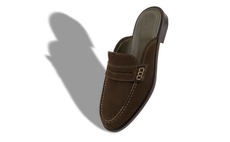 Perrymu, Dark Khaki Suede Backless Penny Loafers - US$845.00