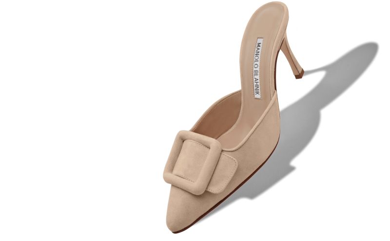 Maysale, Light Beige Suede Buckle Mules - US$795.00