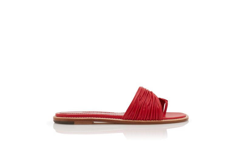 Side view of Designer Red Nappa Leather Gathered Flat Sandals 