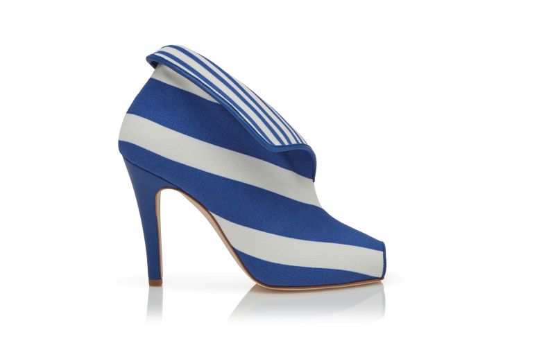 Side view of Tanatos, Blue and White Striped Cotton Shoe Booties - US$995.00