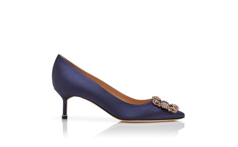 Side view of Hangisi 50, Navy Blue Satin Jewel Buckle Pumps - €1,075.00