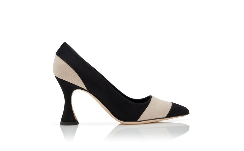 Side view of Chalabiya, Black and Beige Suede Pointed Toe Pumps - AU$693.00