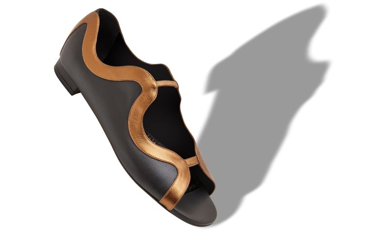 CHILKI, Black and Bronze Nappa Leather Flat Sandals, 1045 USD