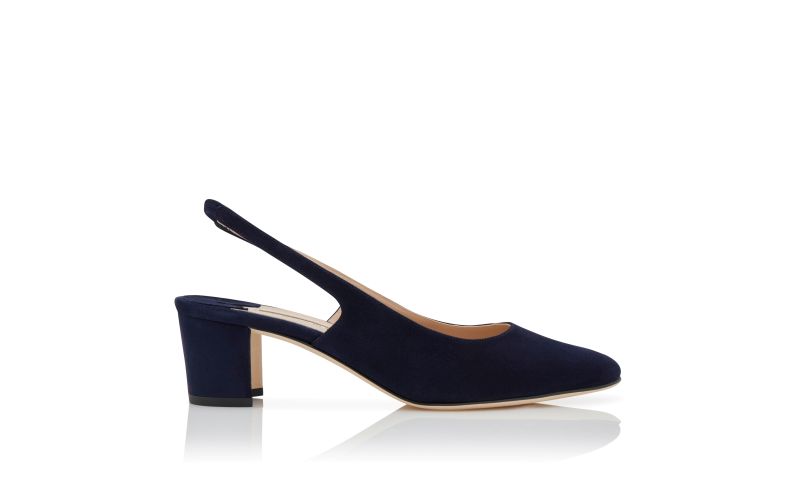 Side view of Allurasan, Navy Blue Suede Slingback Pumps - US$825.00