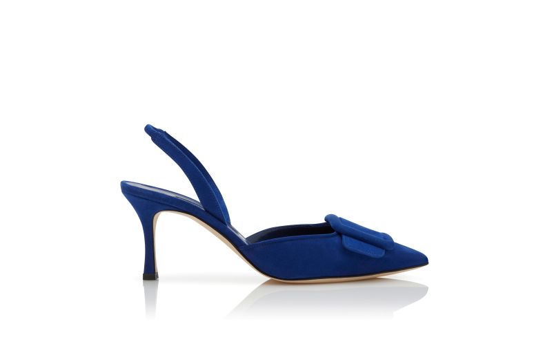 Side view of Maysli, Blue Suede Buckle Detail Slingback Pumps - US$845.00