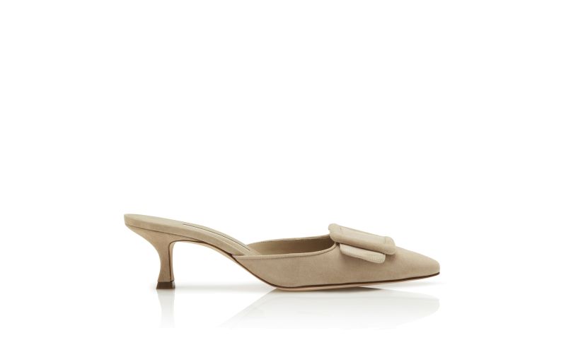 Side view of Maysale, Beige Suede Kitten Heel Mules - £595.00