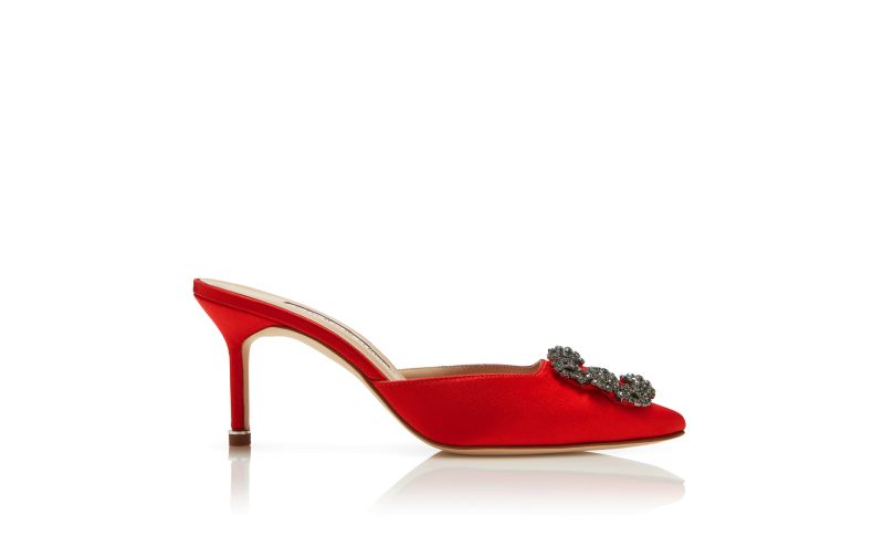 Side view of Hangisimu, Red Satin Jewel Buckle Mules - £845.00