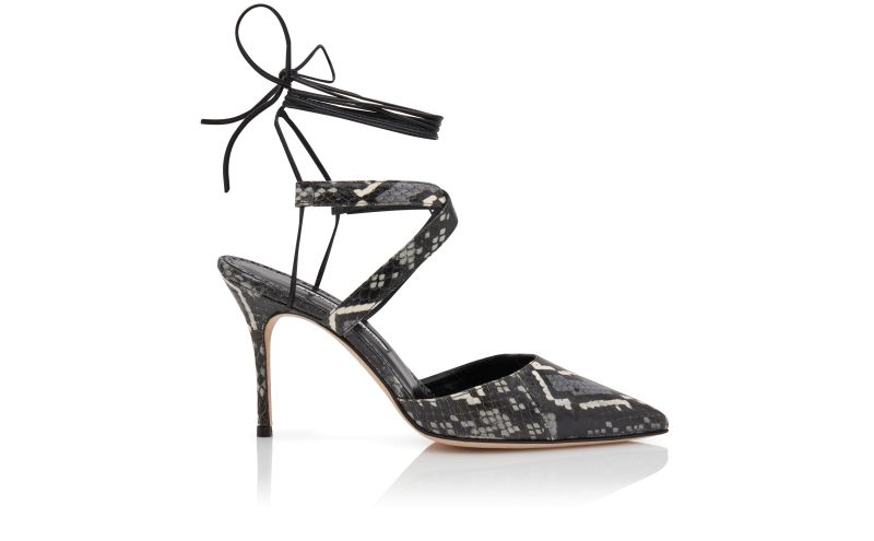 Side view of Amirat, Black and White Snakeskin Ankle Tie Pumps - US$1,045.00