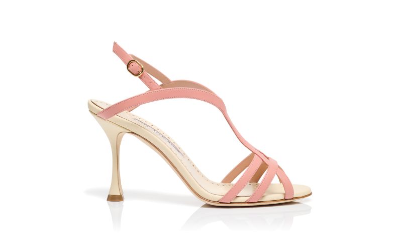 Side view of Betgieb, Cream and Coral Nappa Leather Strappy Sandals - US$1,065.00
