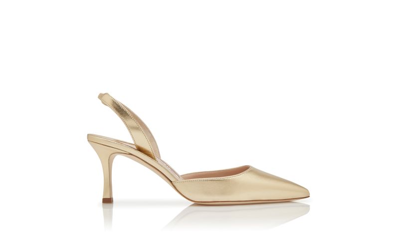 Side view of Designer Gold Nappa Leather Slingback Pumps