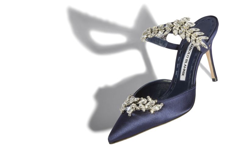 Designer Navy Satin Crystal Embellished Mules