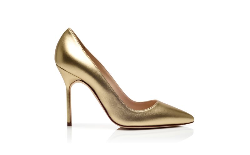 Side view of Designer Gold Nappa Leather Pointed Toe Pumps