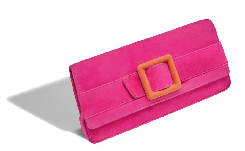 Designer Bright Pink and Orange Suede Buckle Clutch