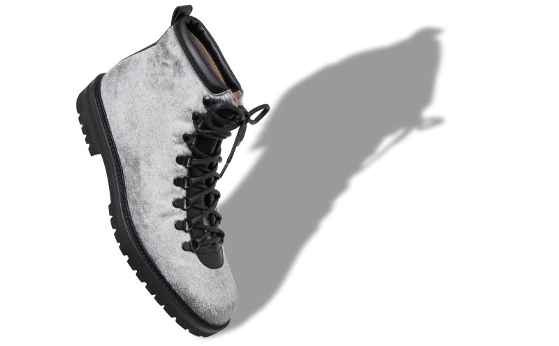 Designer Silver Calf Hair Lace Up Boots