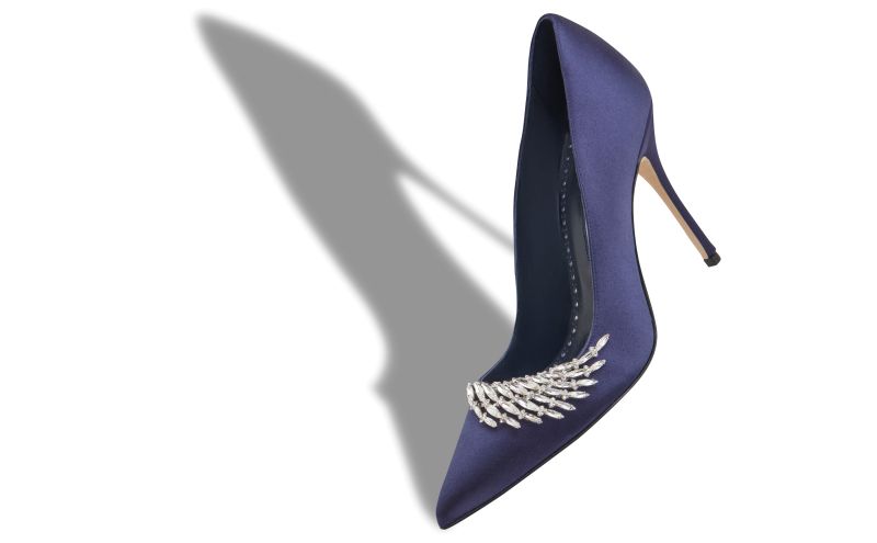 PLUMA, Navy Blue Satin Jewel Embellished Pumps , 1225 USD