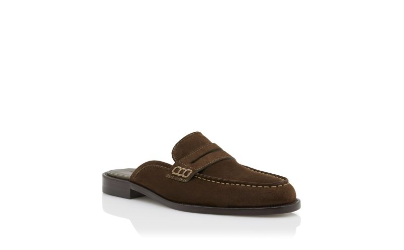 Perrymu, Dark Khaki Suede Backless Penny Loafers - US$845.00