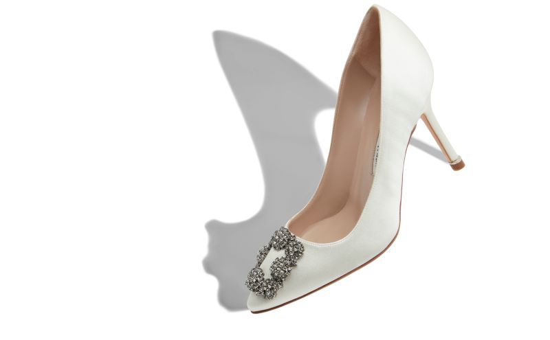 Hangisi 90, White Satin Jewel Buckle Pumps - US$1,195.00