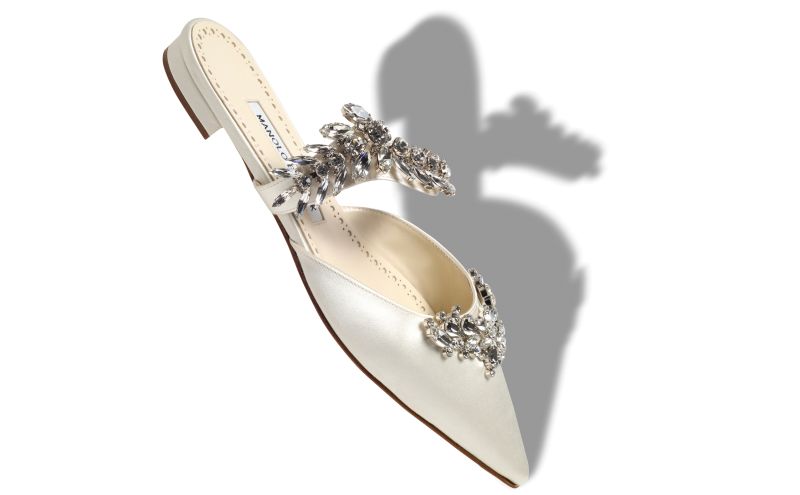 Lurumflat, Light Cream Satin Crystal Embellished Flat Mules - US$1,295.00 