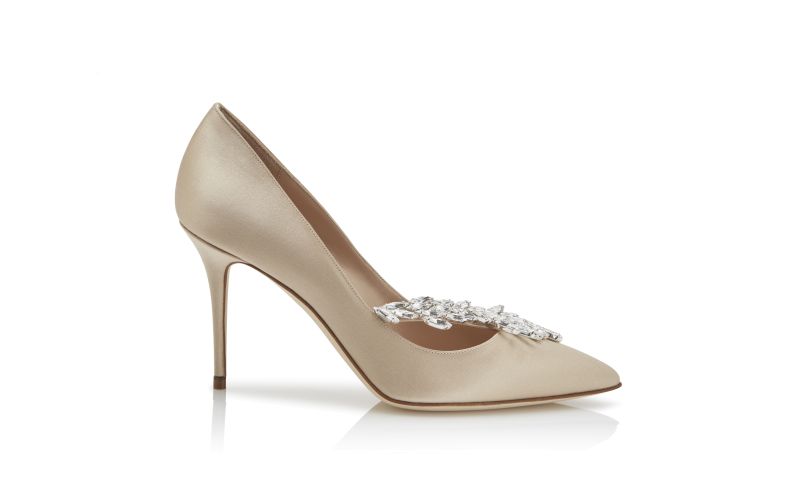 Side view of Nadira, Champagne Satin Jewel Buckle Pumps  - £895.00