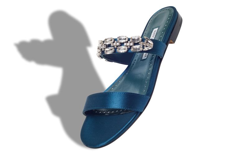 Sakotaflat, Navy Blue Satin Embellished Flat Sandals  - US$1,250.00