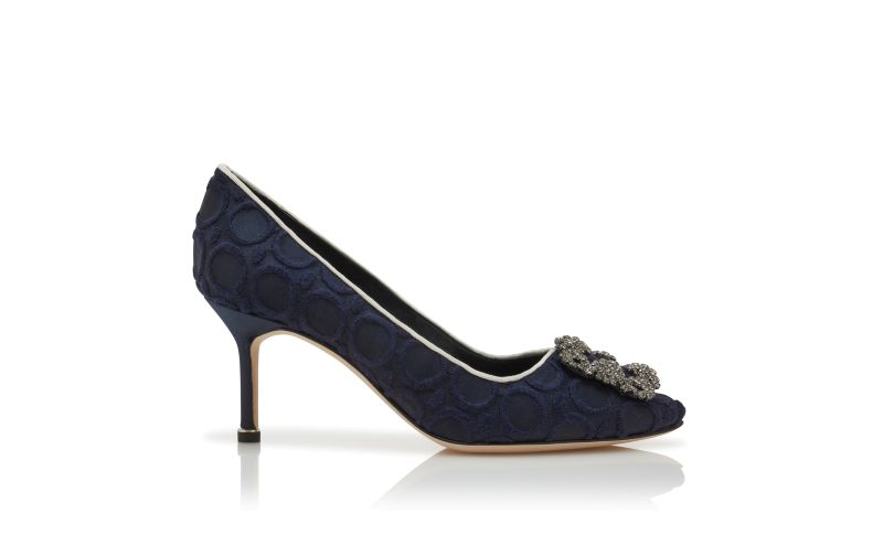Side view of Hangisi, Navy Blue Silk Jewel Buckle Pumps - US$1,350.00
