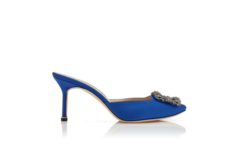 Side view of Hangisimu, Blue Satin Jewel Buckle Mules - AU$1,965.00