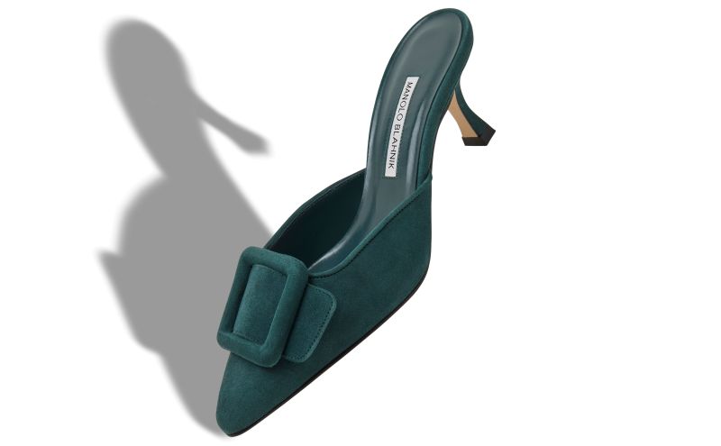Maysale, Dark Green Suede Buckle Detail Mules - US$875.00