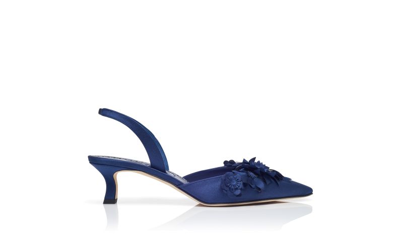 Side view of Moislifa, Navy Blue Crepe Satin Slingback Pumps - US$1,825.00