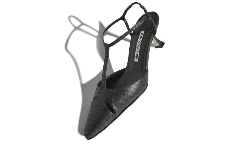 Turgimod, Black Snakeskin T-Bar Pumps - US$975.00