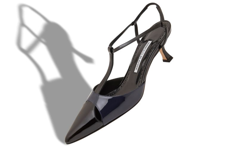 Turgimod, Black and Navy Blue Patent Leather T-Bar Pumps - US$1,025.00