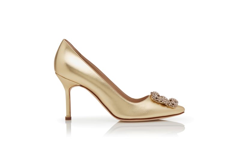 Side view of Hangisi 90, Gold Nappa Leather Jewel Buckle Pumps - £975.00