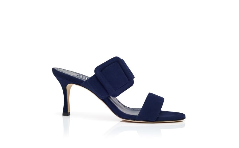 Side view of Gable, Navy Blue Suede Open Toe Mules - US$845.00