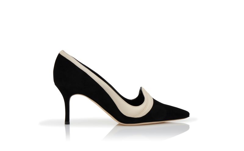 Side view of Ajarafa, Black and Light Cream Suede Pointed Toe Pumps - €845.00