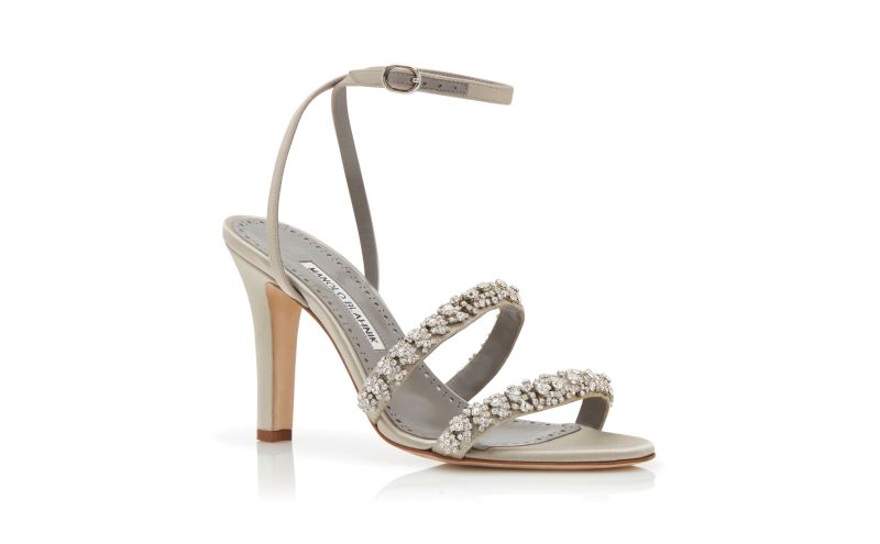 Designer Light Grey Satin Crystal Embellished Sandals