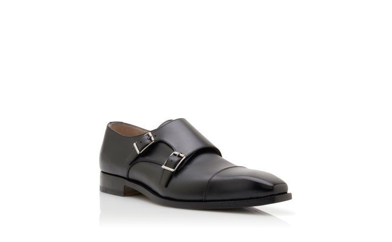Designer Black Calf Leather Monk Strap Shoes