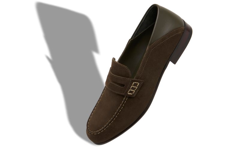 Plymouth, Dark Khaki Suede Penny Loafers - US$895.00