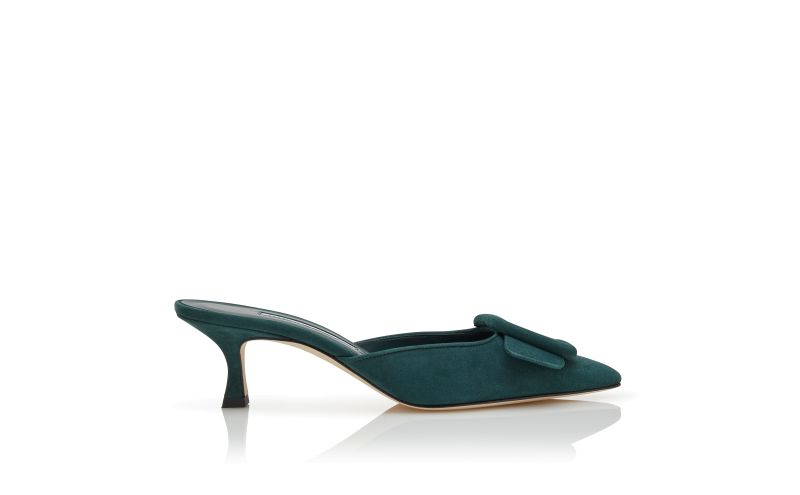 Side view of Maysale, Dark Green Suede Buckle Detail Mules - US$875.00