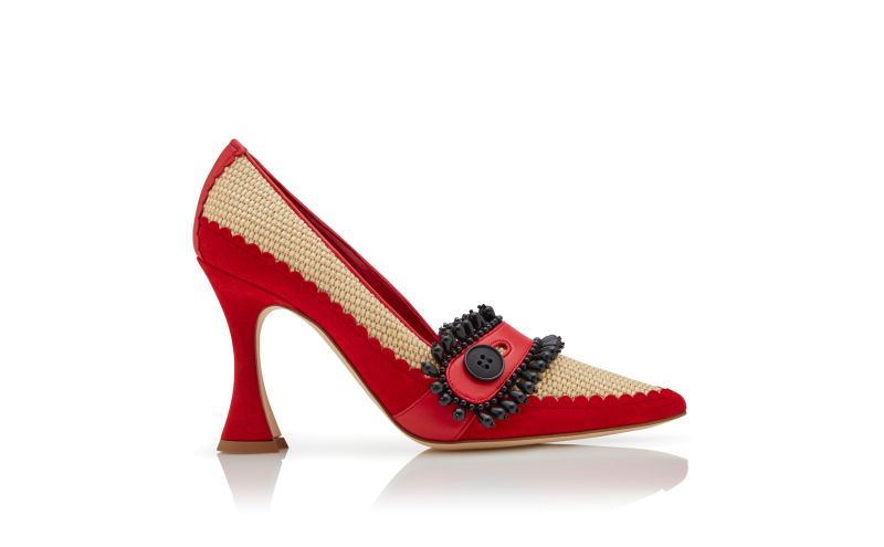Side view of Trebeda, Red and Beige Raffia Pointed Toe Pumps - AU$1,123.00