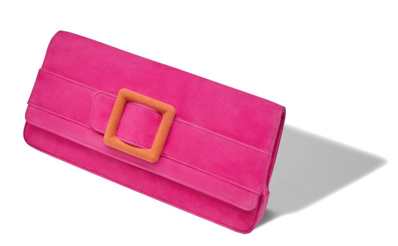 Designer Bright Pink and Orange Suede Buckle Clutch