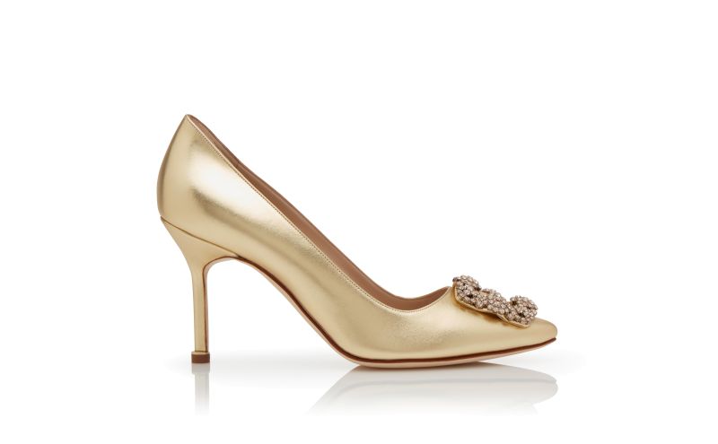 Side view of Designer Gold Nappa Leather Jewel Buckle Pumps