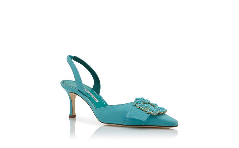 Gibsli, Light Blue Suede Pearl Buckle Slingback Pumps - US$855.00