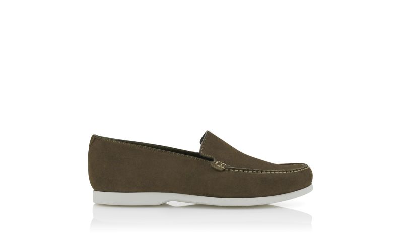 Side view of Monaco, Dark Khaki Suede Loafers - CA$538.00