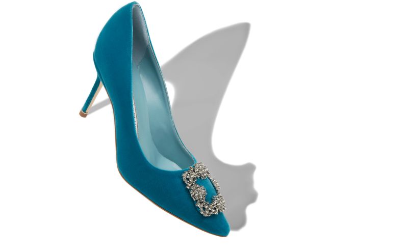 Designer Blue Velvet Jewel Buckle Pumps