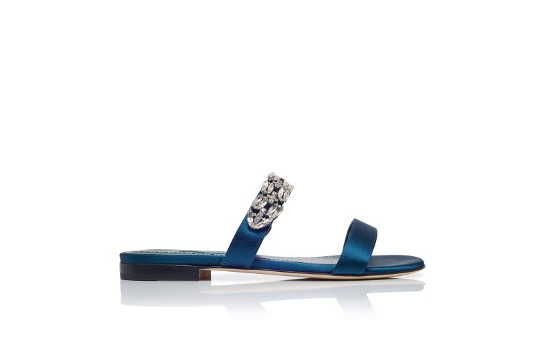 Side view of Sakotaflat, Navy Blue Satin Embellished Flat Sandals  - US$1,250.00