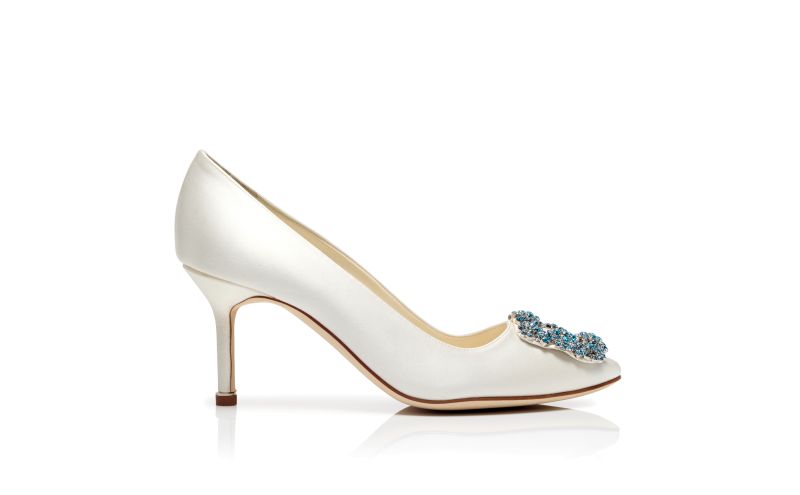 Side view of Hangisi bride 70, White Satin Jewel Buckle Pumps - CA$1,595.00