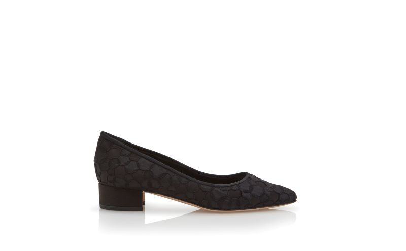 Side view of Listapi, Black Satin Lace Embroidered Pumps - €975.00