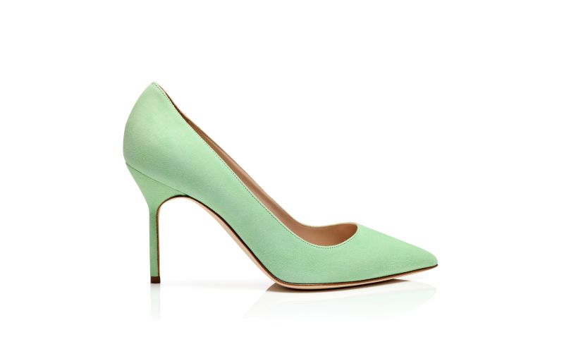 Side view of Bb 90, Light Green Suede Pointed Toe Pumps - US$725.00