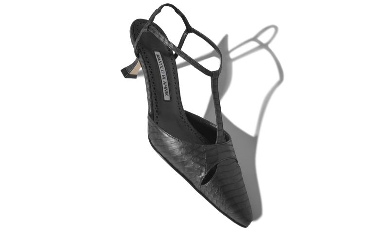 Turgimod, Black Snakeskin T-Bar Pumps - US$975.00 